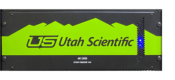 Front view of the UT-100 UHD-144, offering single-link 12G-SDI routing in a 4RU chassis with 4K UHD content